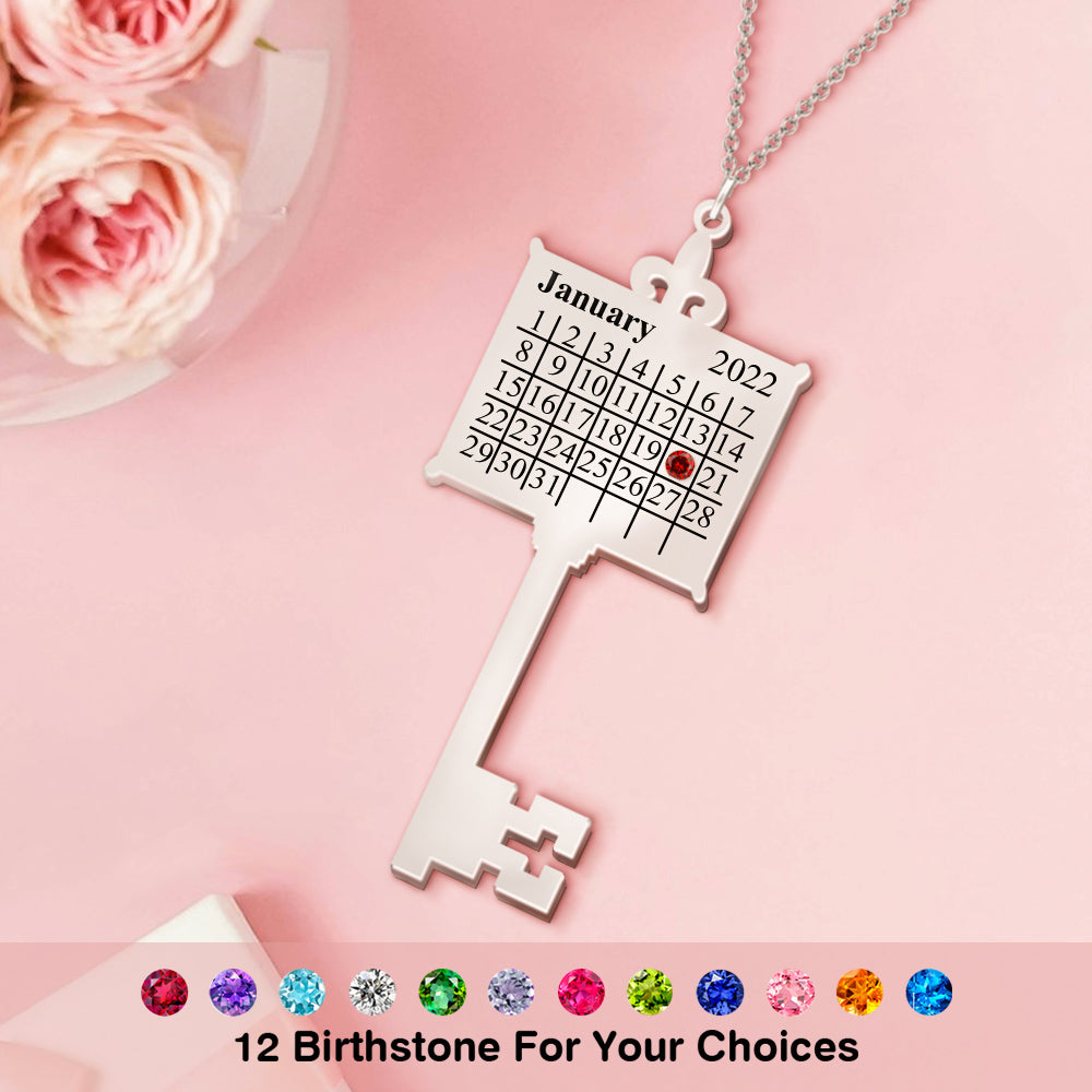Key Calendar Charm - Personalized Key Birthday Calendar Necklace