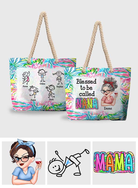 Grandma Nana Gigi Scribble Doodle Grandkid - Personalized Grandma Beach Bag