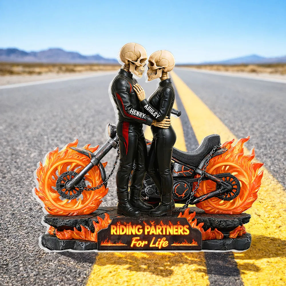 Personalized Shaped Acrylic Block Plaque Skeleton Biker Couple Hugging on Flame Motorcycle, Funny Romantic Gift for Couple