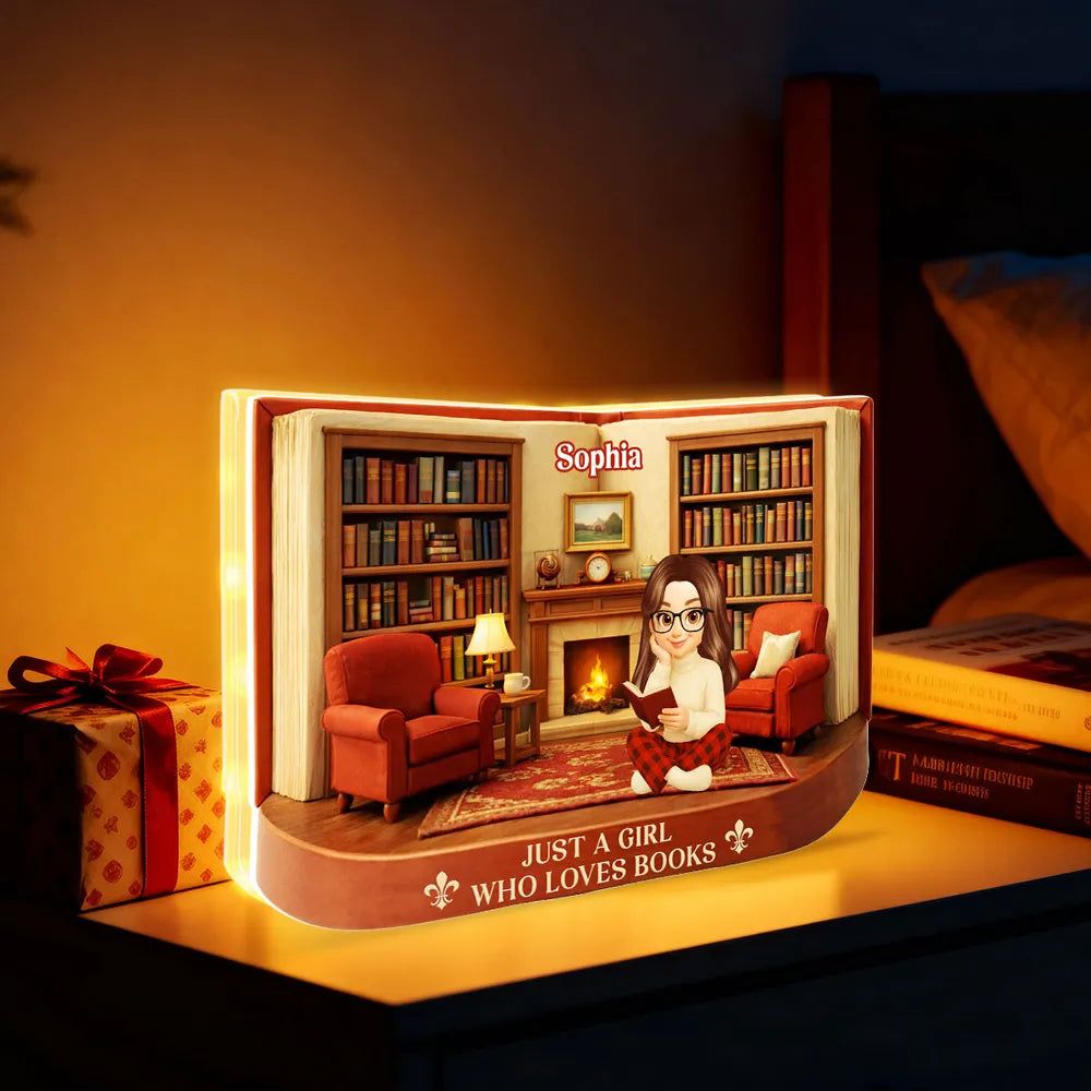 Personalized Acrylic Light Box Just A Girl Who Loves Books Cozy Reading Room Warm Glow Unique Gift for Book Lovers