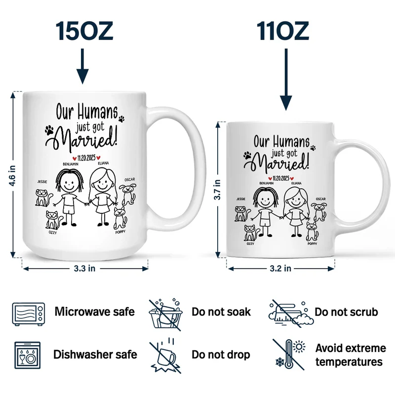 Personalized Ceramic Mug Our Humans Are Getting Married Stick Figure Couple Holding Hands Cute Pet Paws Unique Gift