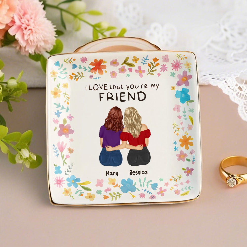 Custom Floral Jewelry Dish – Back View Friend Hug Illustration, Heartfelt Gift for Her