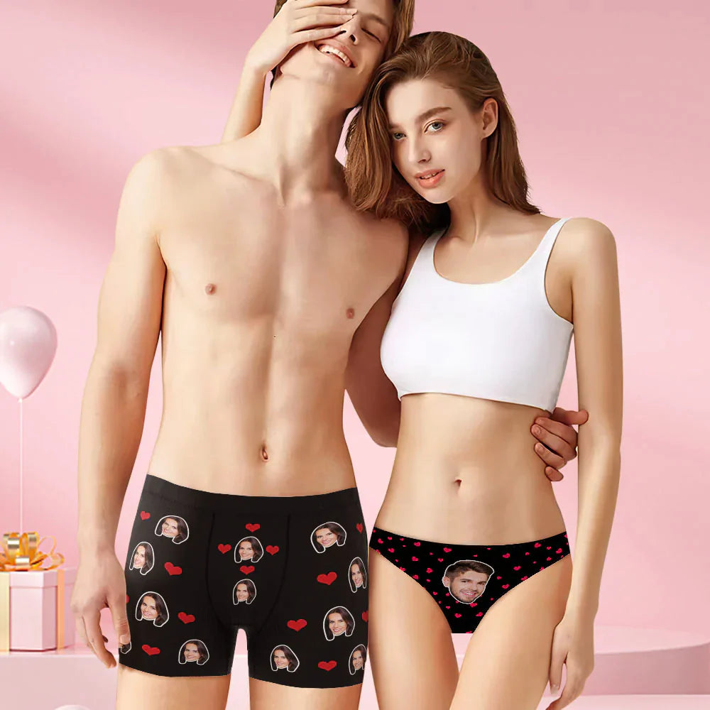 Custom Face Couple Matching Set Women Panties + Men's Boxer Briefs - Personalized Couple Underwear
