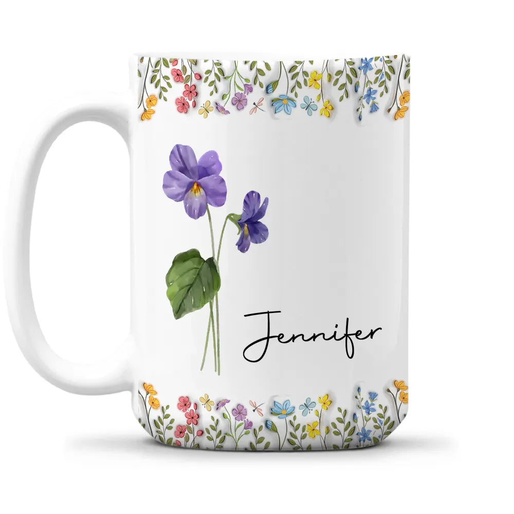 White Ceramic Mug with Floral Design and Name Print – Elegant Personalized Gift for Her, Perfect for Birthdays and Special Moments