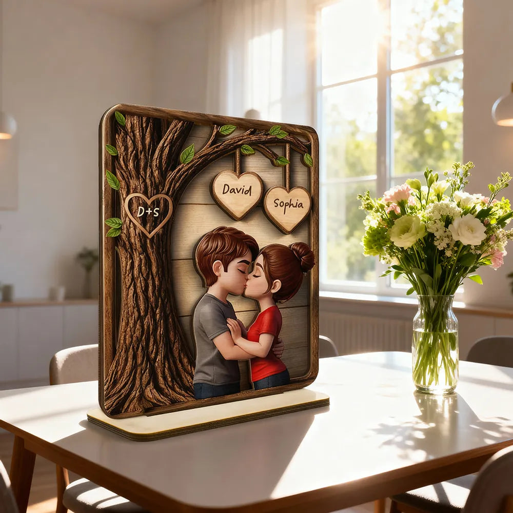 Personalized 2-Layer Wooden Plaque with Kissing Couple Under Tree for Desk or Shelf, Romantic Unique Gift for Her or Him