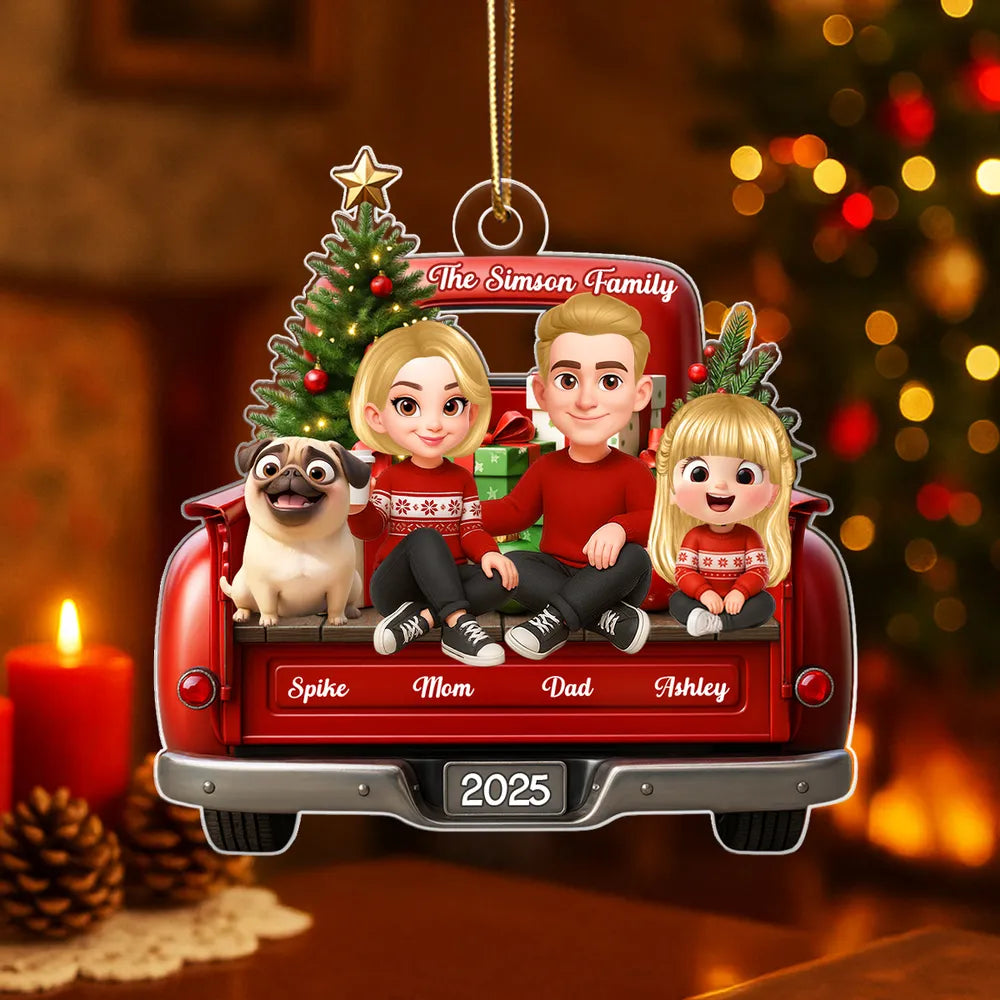 Acrylic Ornament — red truck Christmas family with tree & pup, cheerful décor for mantel or tree, sentimental keepsake, perfect gift