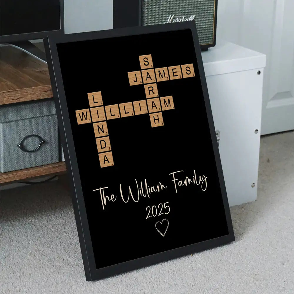 Personalized Family White Ceramic Mug with Wooden Tile Crossword Art - Unique Creative Gift for Home