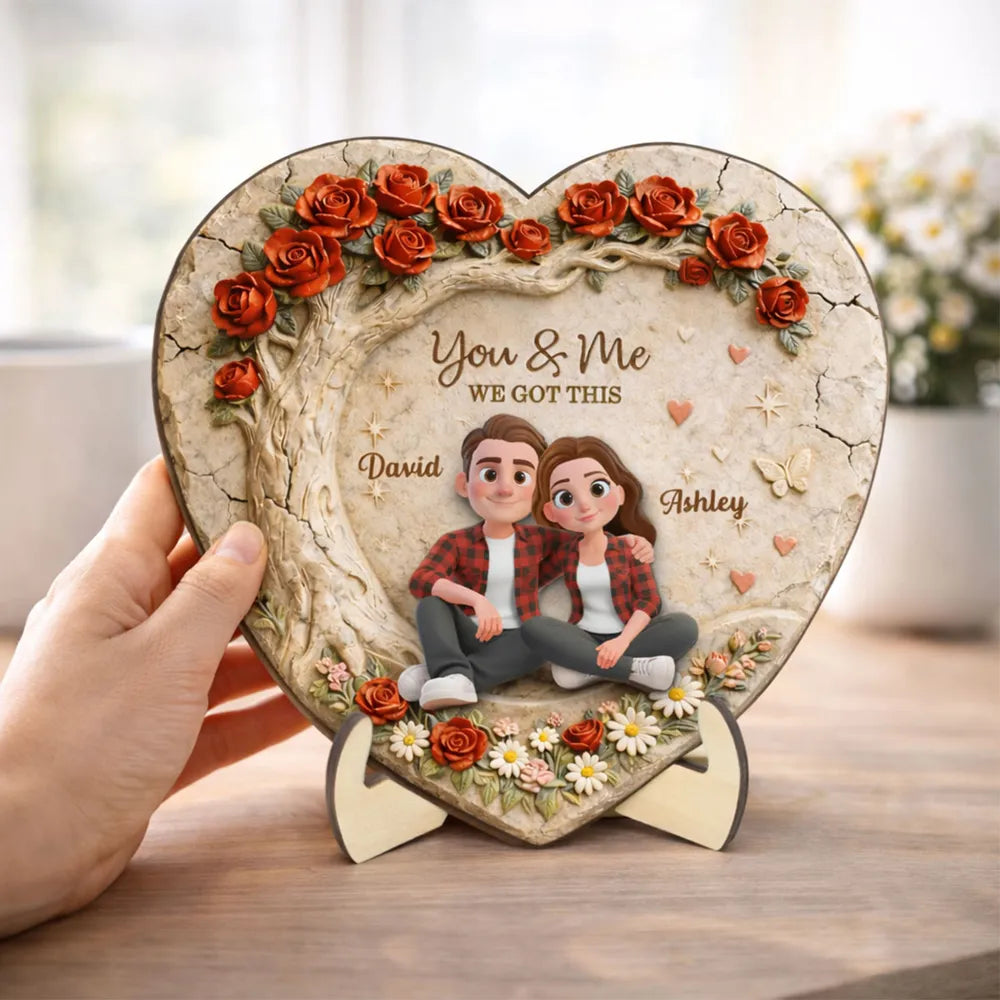 Personalized 2-Layer Wooden Plaque Couple Sitting Together in a Heart Rose Design You & Me Unique Gift for Husband or Wife