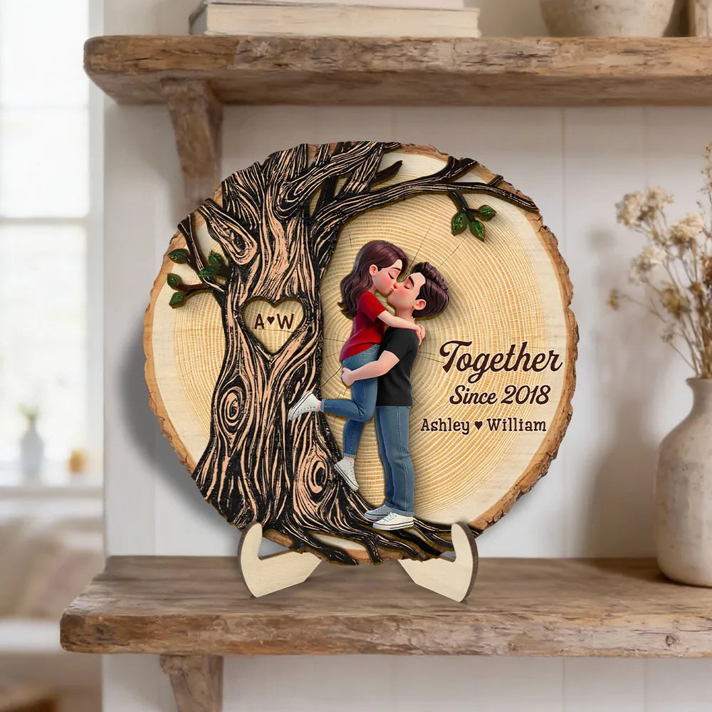 Personalized 2-Layer Wooden Plaque, Kissing Couple by Tree of Love for Anniversary Decor, A Unique Romantic Gift