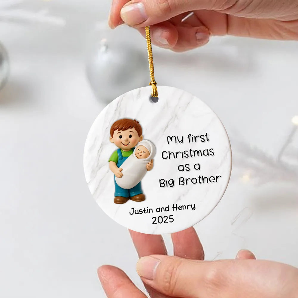 Personalized Big Brother Big Sister Ceramic Ornament celebrating first Christmas as a sibling, round ceramic holiday décor gift