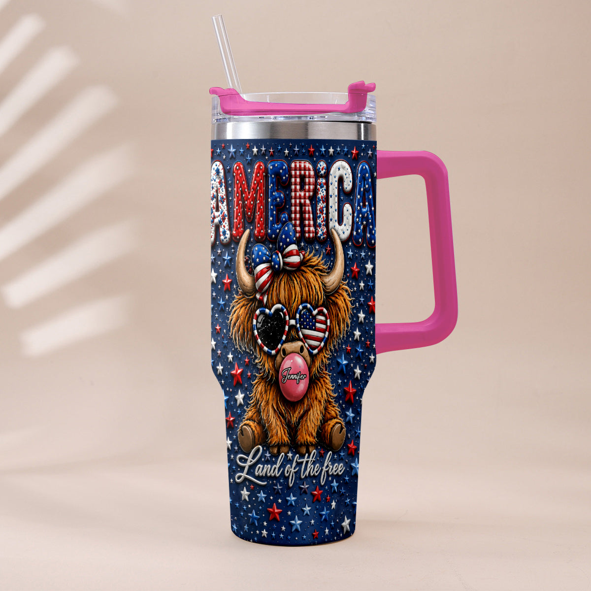 Land Of The Free - Personalized Highland Cow Tumbler With Plush Charm