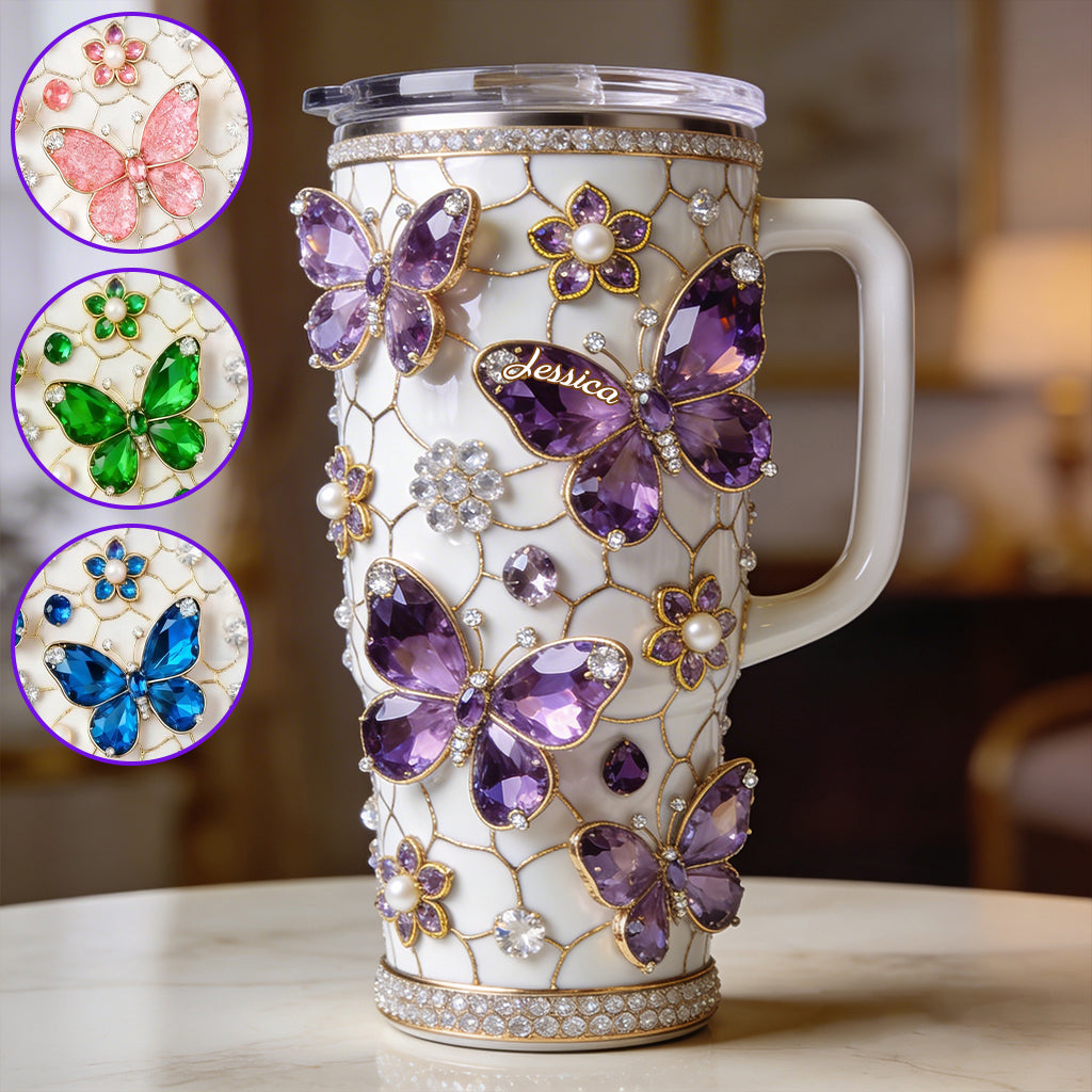 Love Butterflies - Personalized Butterfly Tumbler With Handle