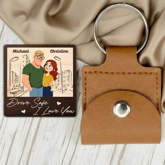 Personalized Wooden Pocket Hug Keychain Card With Couple Illustration Drive Safe I Love You Unique Gift For Boyfriend Or Husband