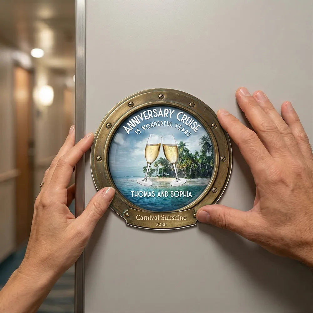 Personalized Anniversary Cruise Acrylic Magnet, Champagne Toast Beach Scene, Unique Couple Gift for Cabin Door