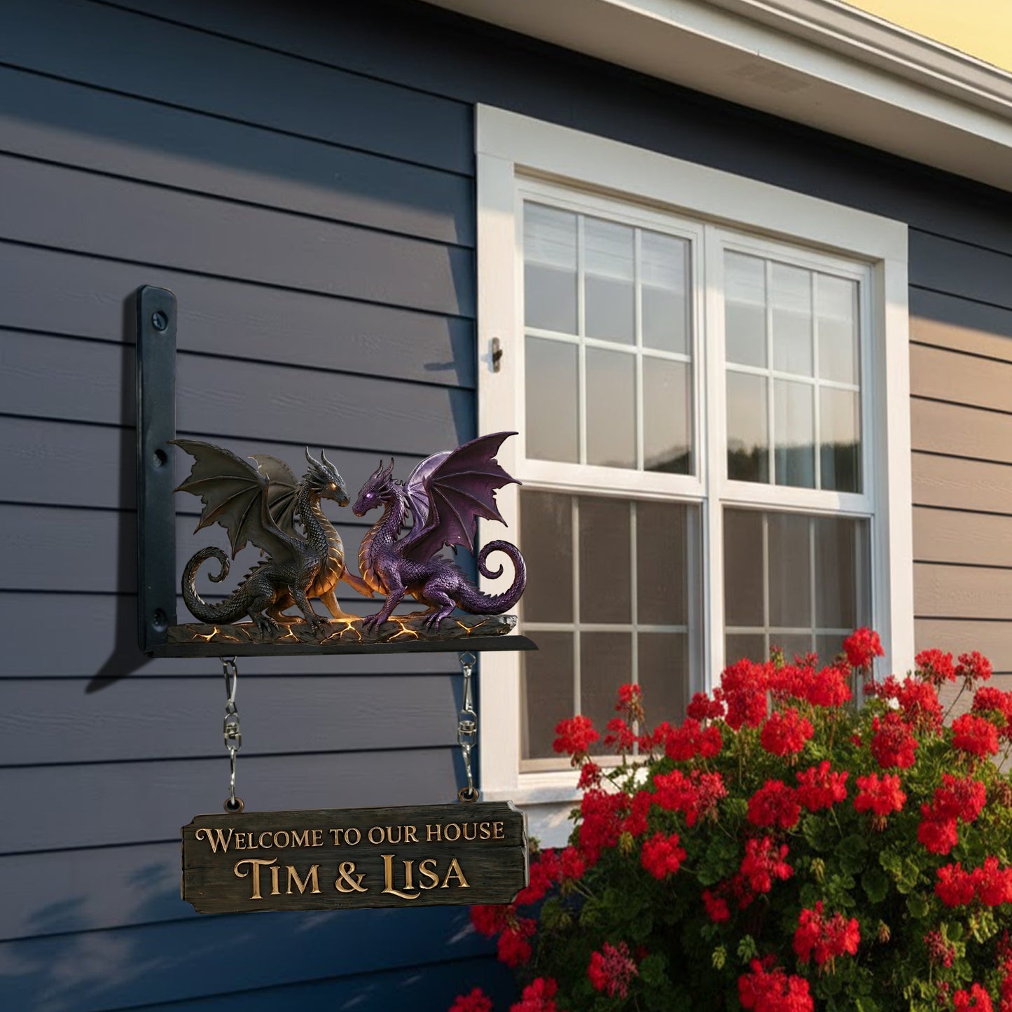 Dragon Couple Welcome Sign - Personalized Dragon Wooden Wall Mount Sign