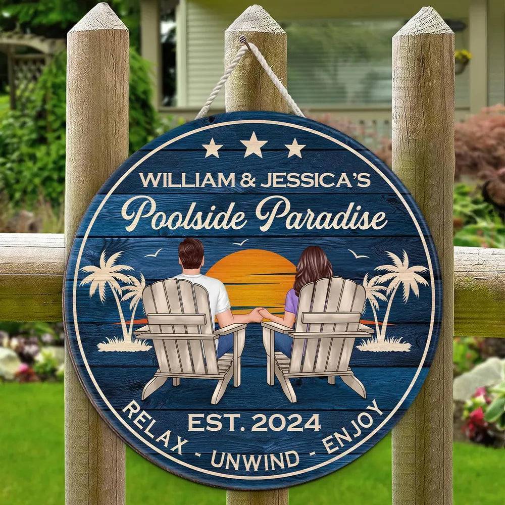 Relaxing Poolside Paradise Decor with Optional Flag Background Couple Sitting Personalized Flag, Sign, Vase - Perfect for Garden, Housewarming, Birthday, Anniversary Gift for Him, Her