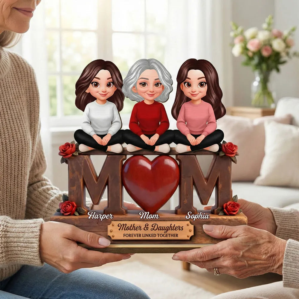 Personalized 2-Layer Wooden Plaque Mom and Daughters Cartoon Sitting on MOM Heart - Unique Mother's Day Gift