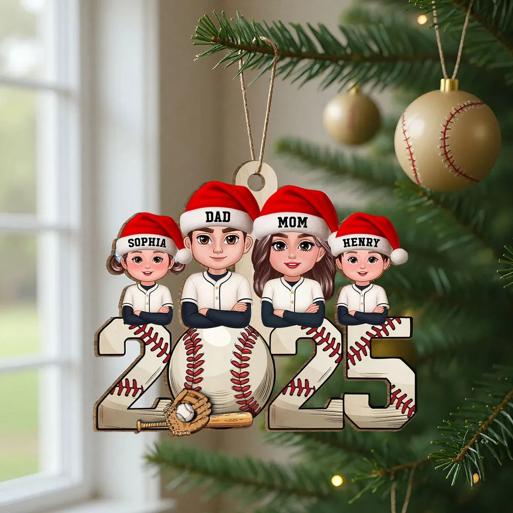 Wooden Baseball Ornament with Cartoon Family Design, Cozy Holiday Décor and Thoughtful Gift for Loved Ones