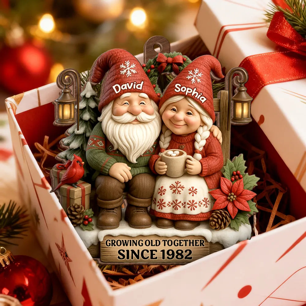 Personalized Wooden Ornament for Couples Growing Old Together – Cute Gnome Design, Christmas Tree Decoration, Unique Romantic Gift