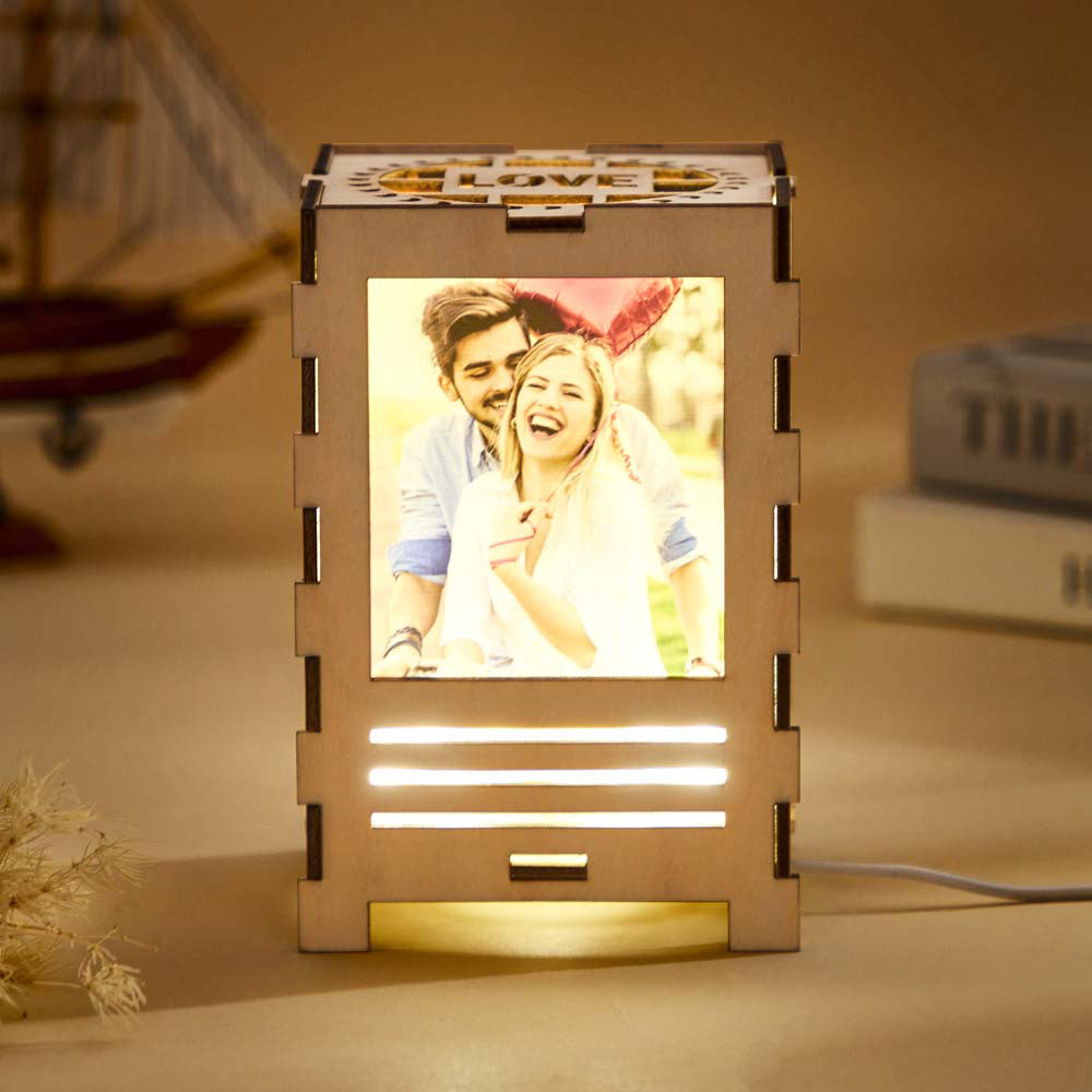 Four-sided Photos Wooden - Personalized Couple Any Photo Lamp