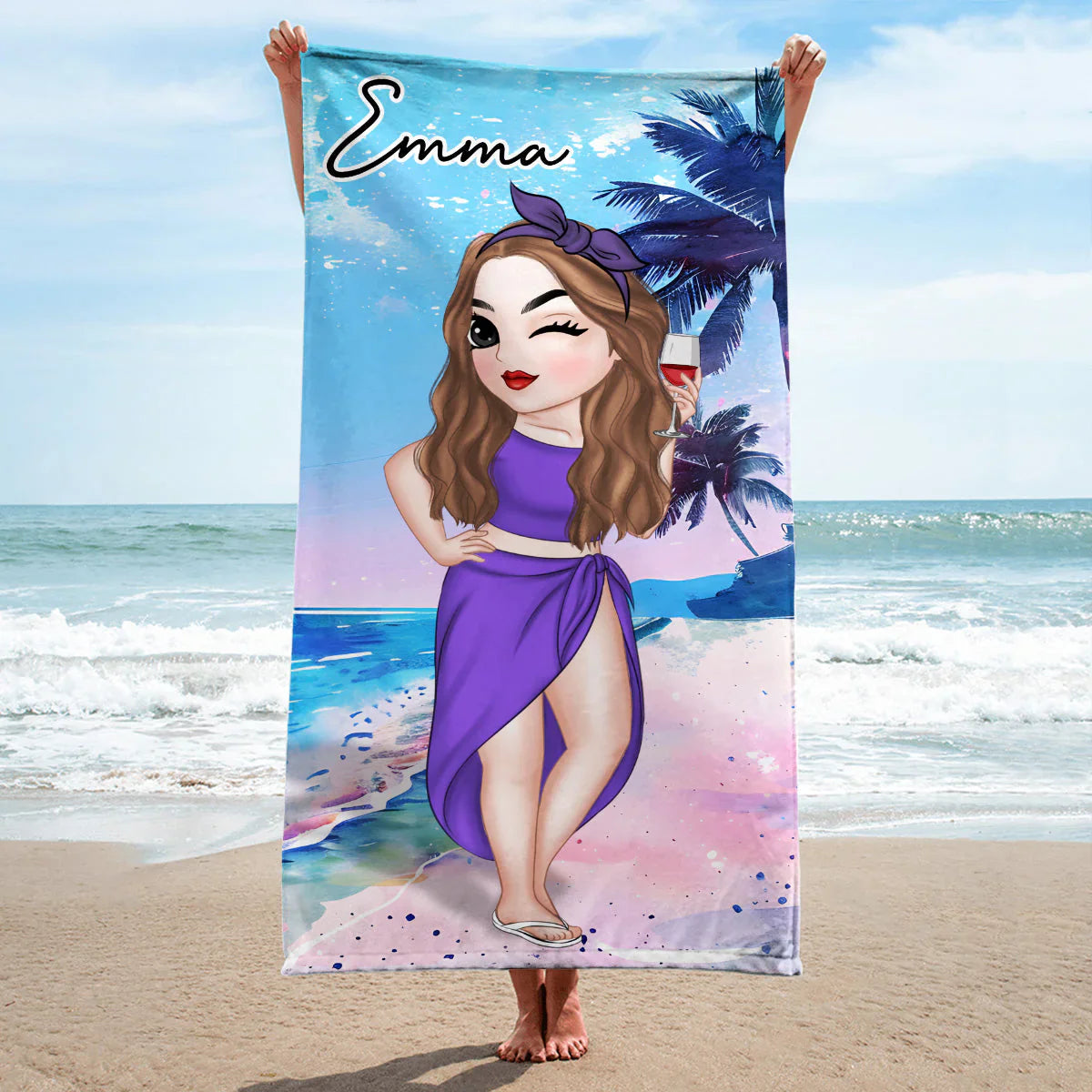 Personalized Beach Towel with Stylish Summer Lady Cartoon, Colorful Poolside Beach Trip Decor, Unique Gift for Her
