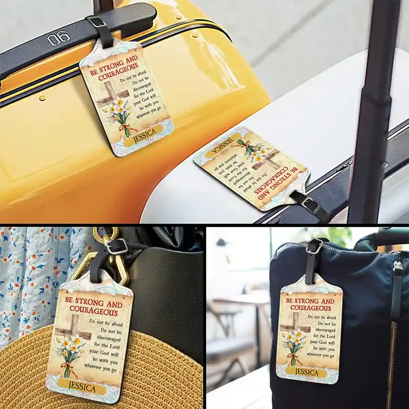 Personalized Leather Luggage Tag with Be Strong And Courageous Quote for Easy Bag ID - Unique Faith Gift for Travelers