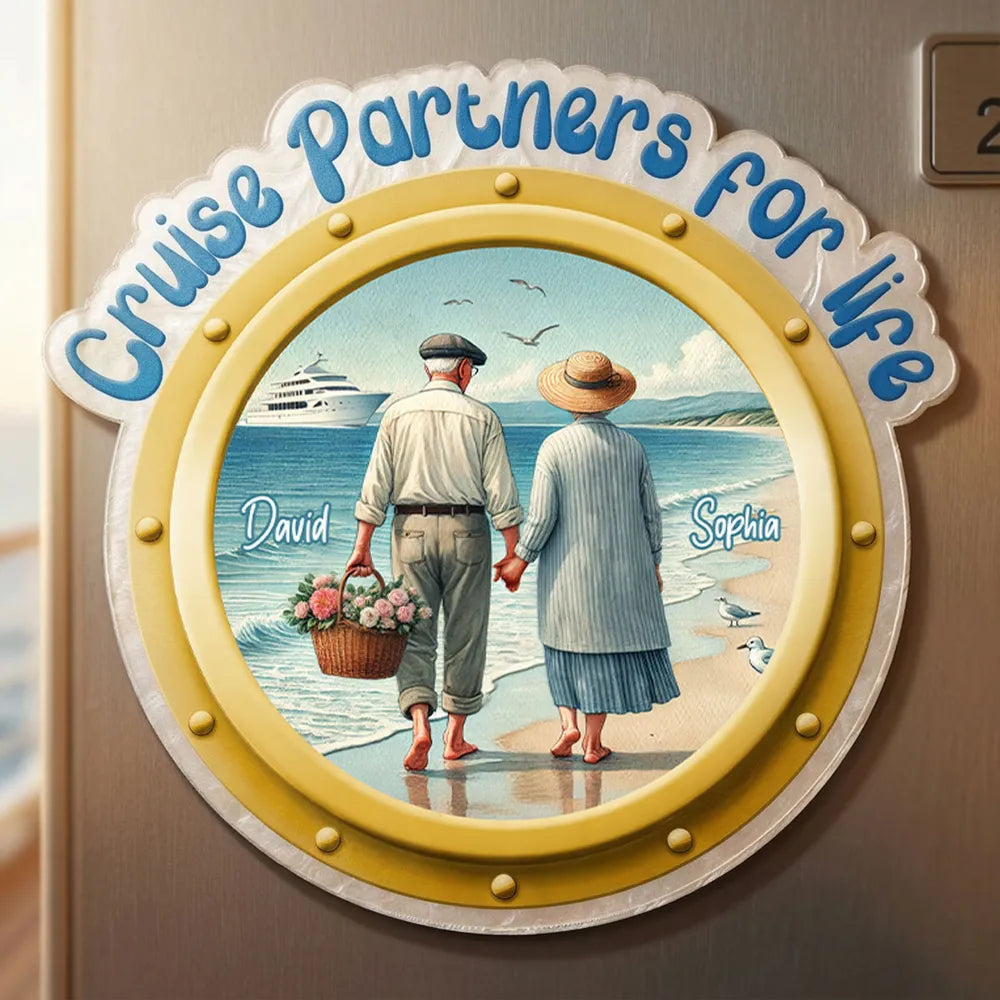 Personalized Acrylic Magnet Cruise Partners for Life, Couple Holding Hands Beach Scene, Unique Cruise Door Gift