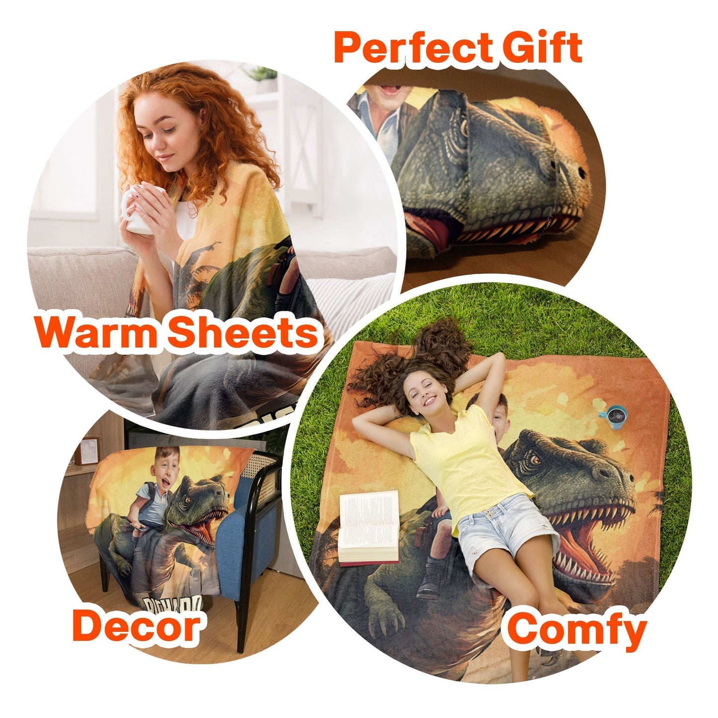 Fleece Blanket with Kid Riding a T-Rex, Customizable Dino Adventure Throw, sunset jungle, unique gift for kids