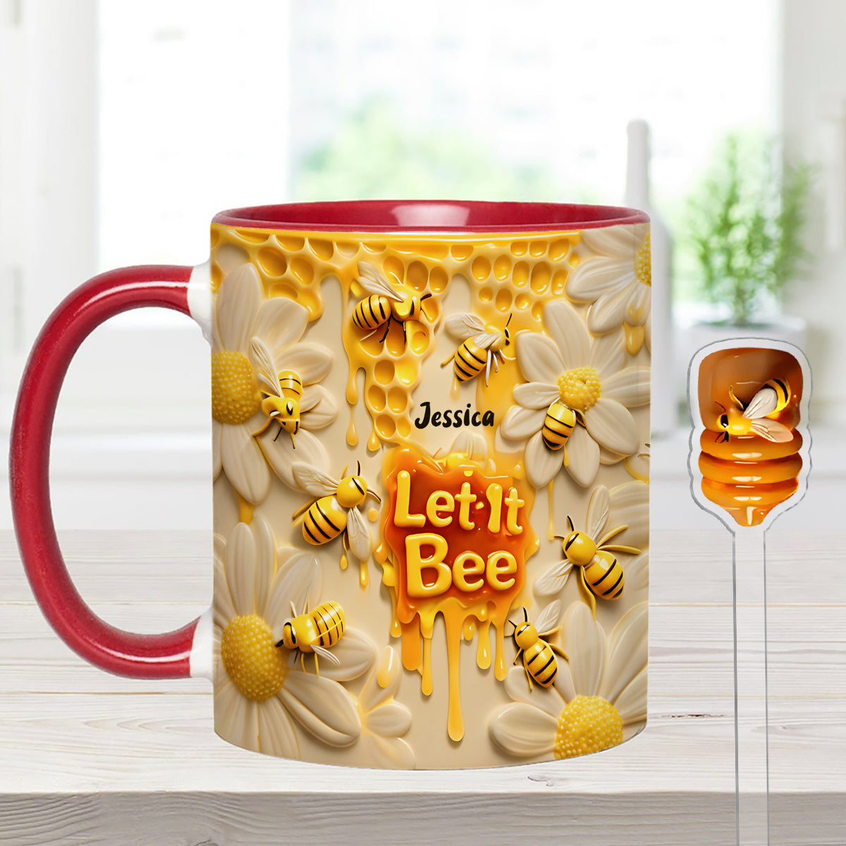 Let It Bee, Bee Flowers - Personalized Bee Set Accent Mug with Acrylic Stirrers