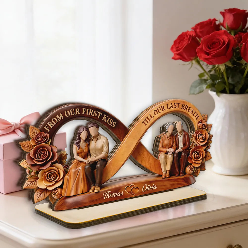 Personalized 2-Layer Wooden Plaque Infinity Couple With Roses, From Our First Kiss Quote, Unique Anniversary Gift For Him & Her