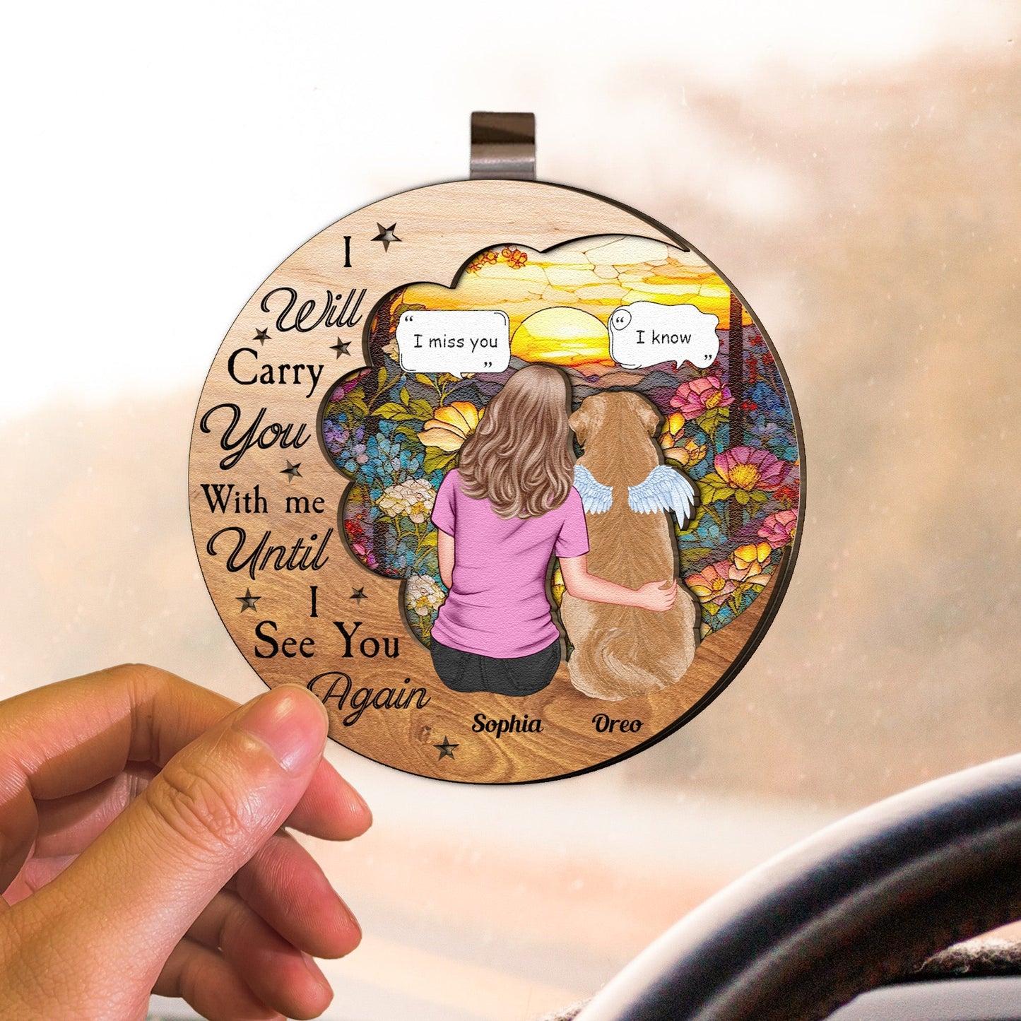 Personalized Car Visor Clip with Heartfelt Dog and Owner Illustration – Perfect Gift for Couples Who Cherish Their Pets