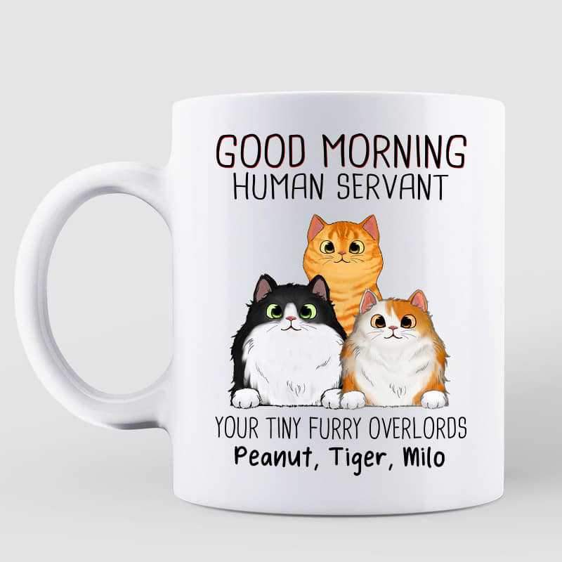 “Good Morning, Human Servant” Custom Cat Name Mug – Furry Overlord Edition
