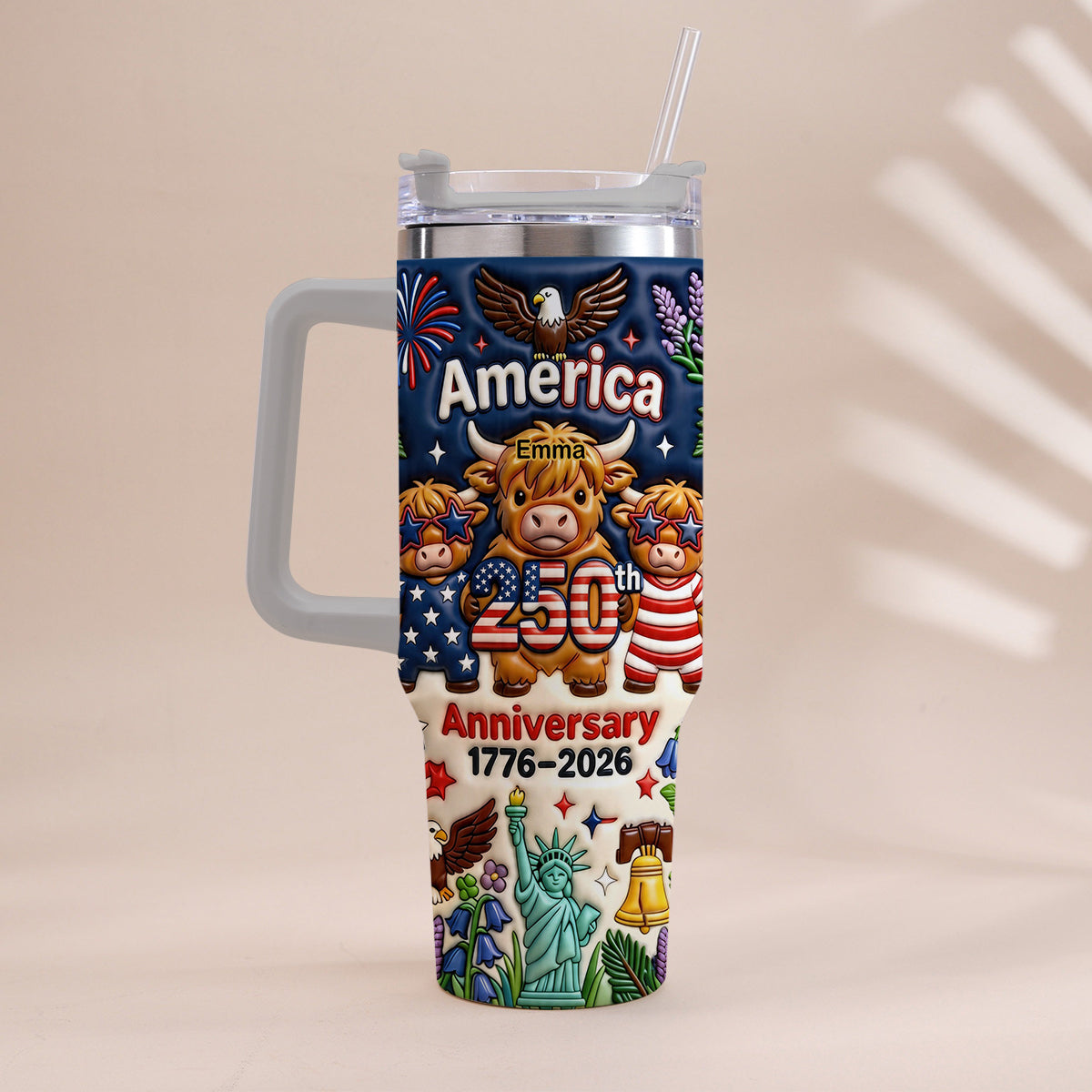 Cute Highland Cow America 250th Anniversary - Personalized Highland Cow Tumbler With Handle