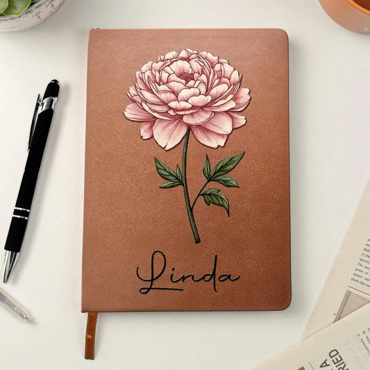 Personalized Leather Journal with Birth Month Flower Art, Custom Name Keepsake Notebook, Unique Gift for Her