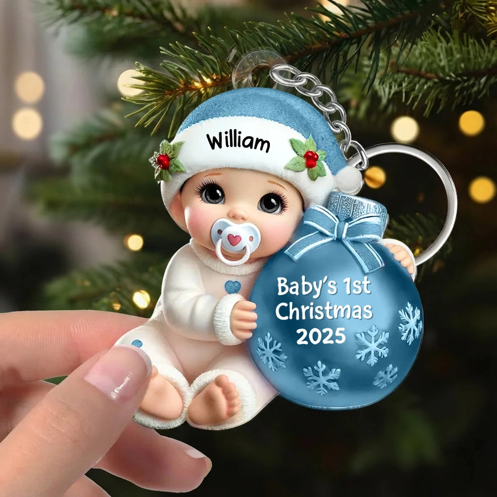 Personalized Acrylic Keychain for Baby's First Christmas, Cute Snowy Ornament Design, Sweet Keepsake & Unique Christmas Gift