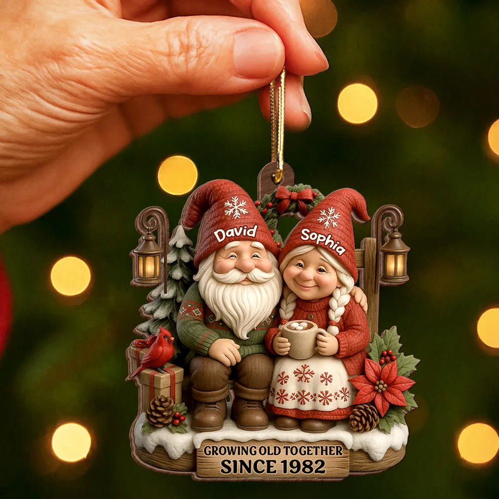 Personalized Wooden Ornament for Couples Growing Old Together – Cute Gnome Design, Christmas Tree Decoration, Unique Romantic Gift