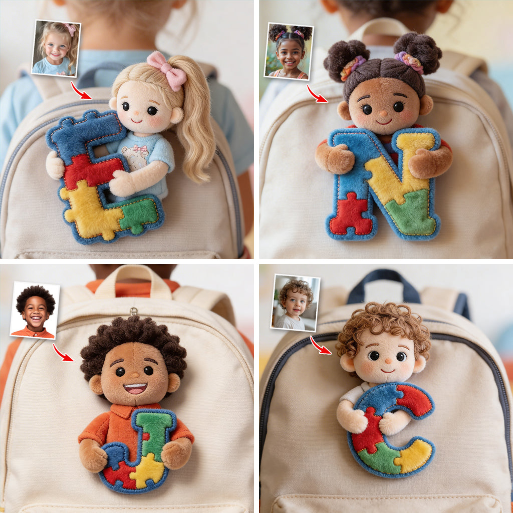 Custom Any Photo, Any Letter - Personalized Autism Awareness Plush Brooch