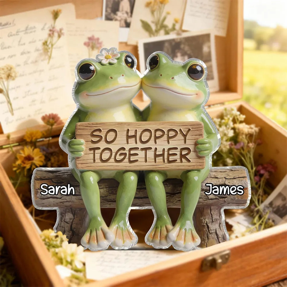 Shaped Acrylic Block Plaque Personalized Love Keepsake, Sweet Frog Couple Bench Scene with 'So Hoppy Together', Thoughtful Gift