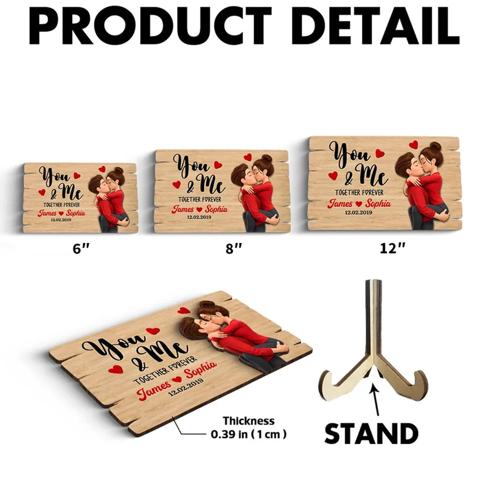 Personalized You & Me 2-Layer Wooden Plaque for Couple, Kissing Hug Design, Sweet Heart Gift for Him or Her