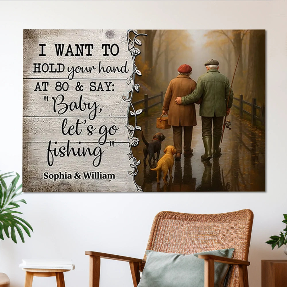 Personalized Couple Fishing Poster with Dogs – Romantic Wall Art for Living Room, Unique Gift for Him or Her