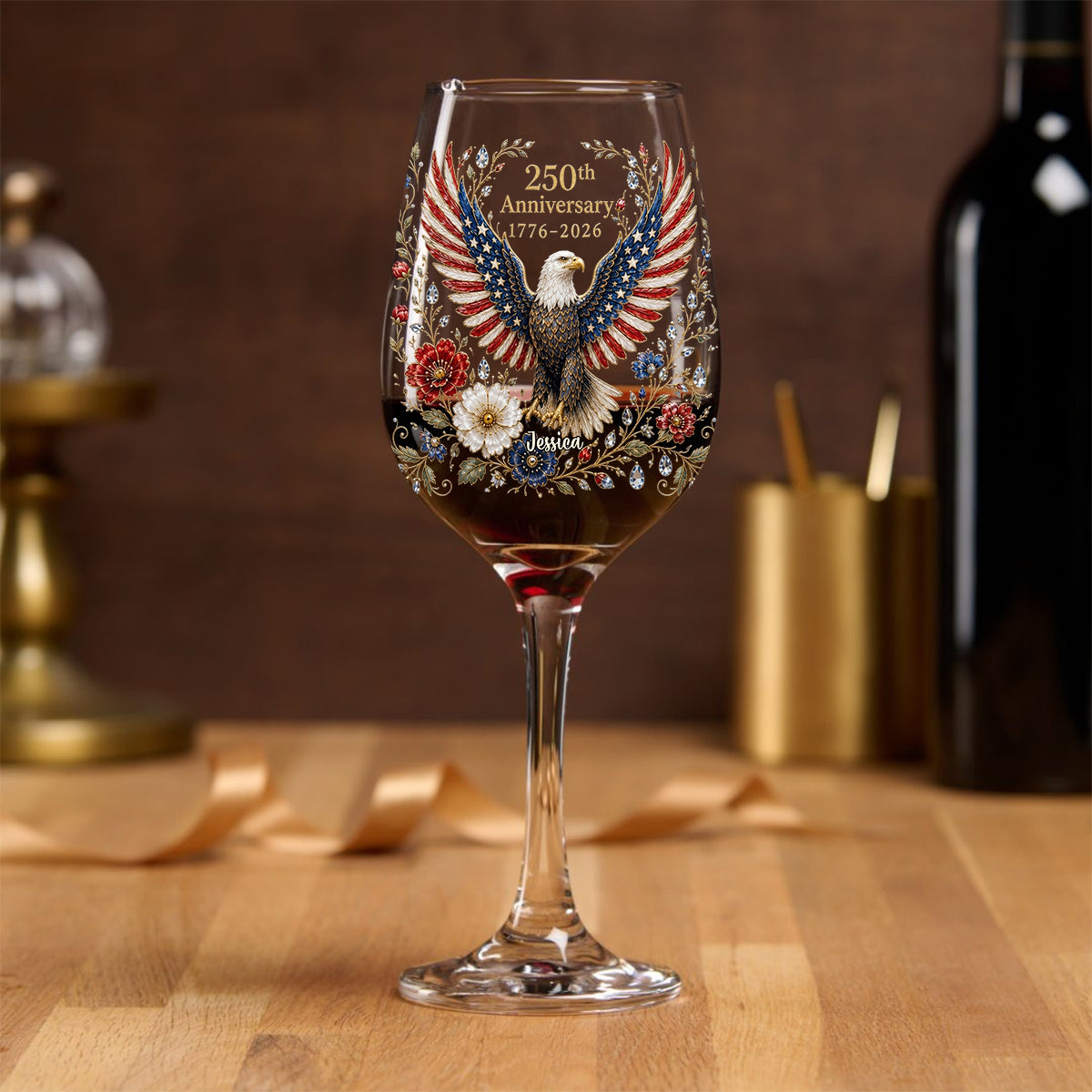 Land Of The Free - Personalized Bald Eagle Long Stem Wine Glass With Box