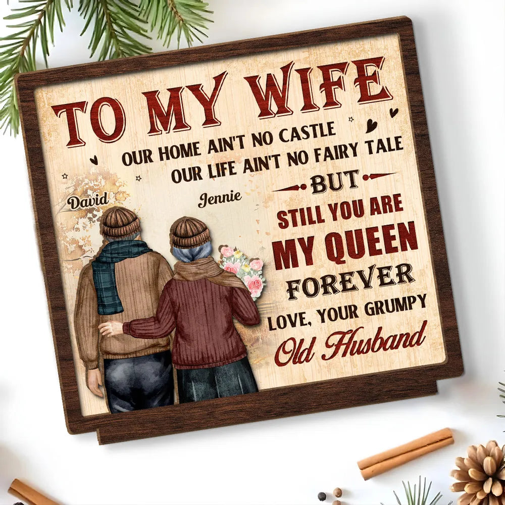 2-Layer Wooden Plaque Personalized To My Wife, Vintage Couple Walking Away Quote Plaque, Unique Romantic Gift