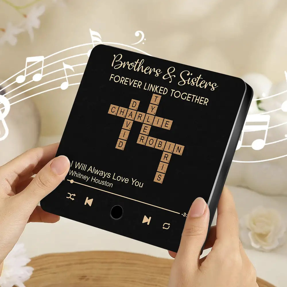 “Brothers & Sisters – Forever Linked” Acrylic Music Magnet – Crossword Names, Custom Song, Gift for Siblings