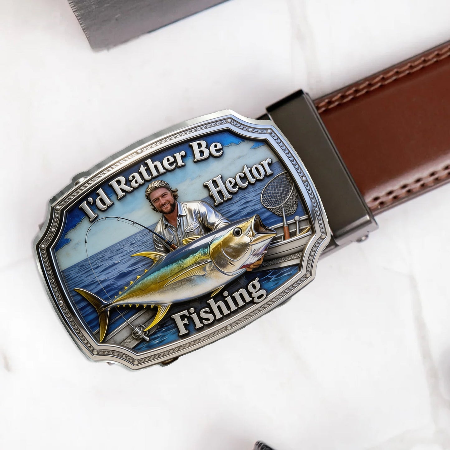 I'd Rather Be Fishing - Personalized Fishing Leather Belt With Shaped Buckle