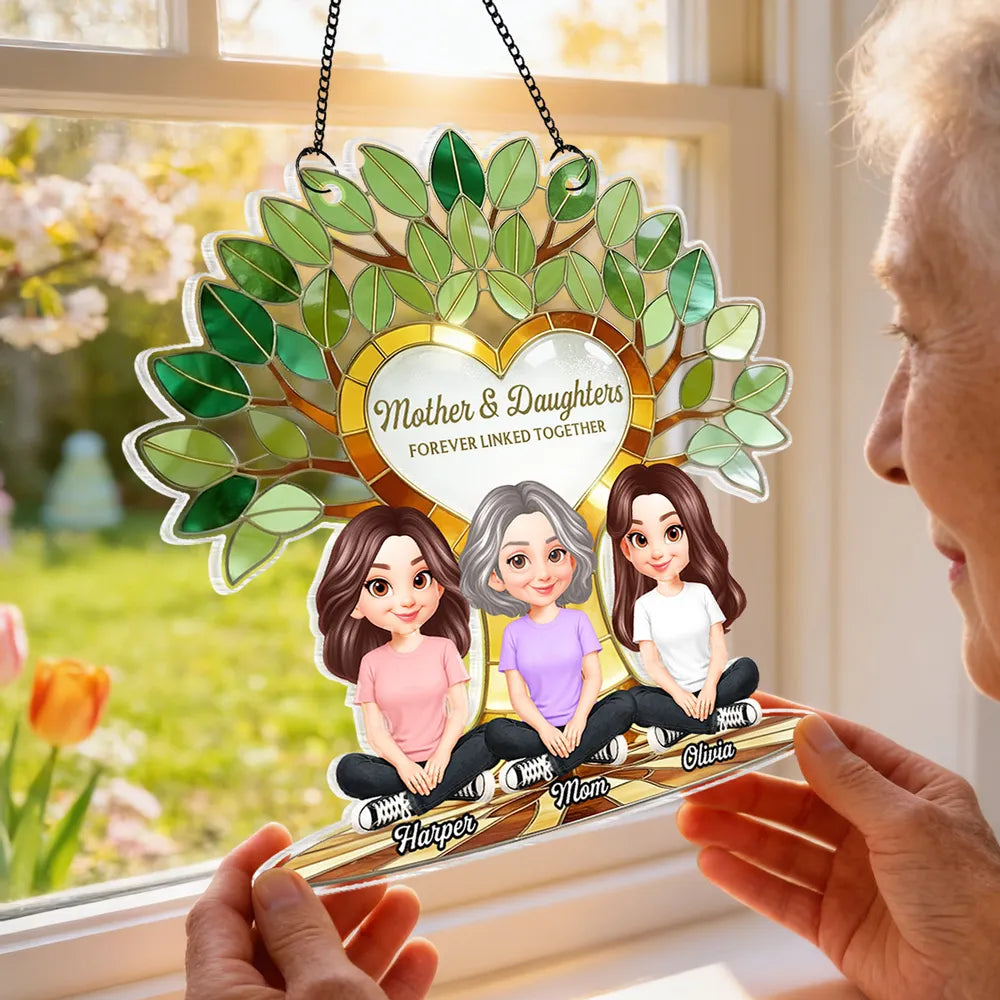 Acrylic Suncatcher Ornament with Mother and Daughters Forever Linked Together - Personalized Sunlit Window Gift for Mom