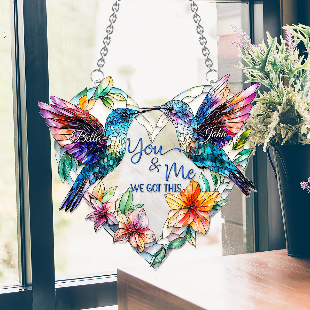 Hummingbird Couple - Personalized Hummingbird Window Hanging Suncatcher Ornament
