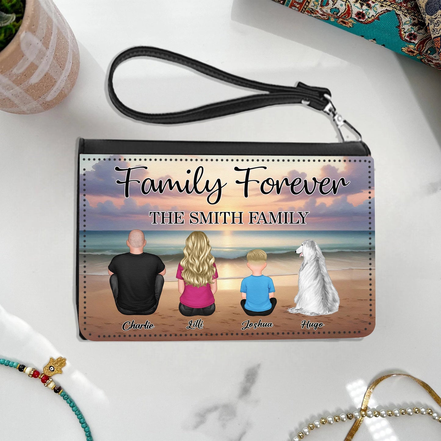 Family Forever Beach Design - Personalized Leather Tote Bag, Wooden Carhanger, LED Plaque, Keychain, Poster, Wallet Card, and Pillow, Unique Gift