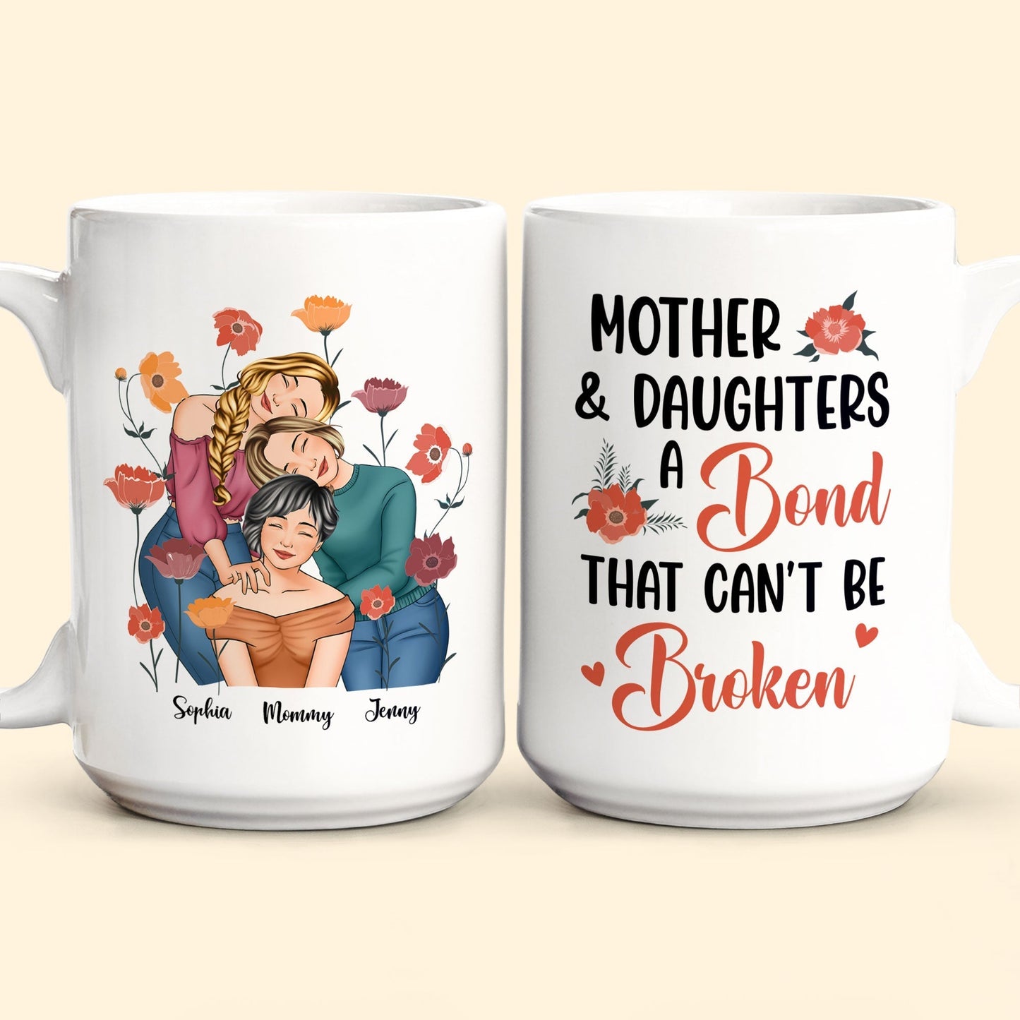 Personalized Gift for Mother or Daughter – Ceramic Mug Featuring Hugging Scene with 'First Our Mother, Forever Our Friend'