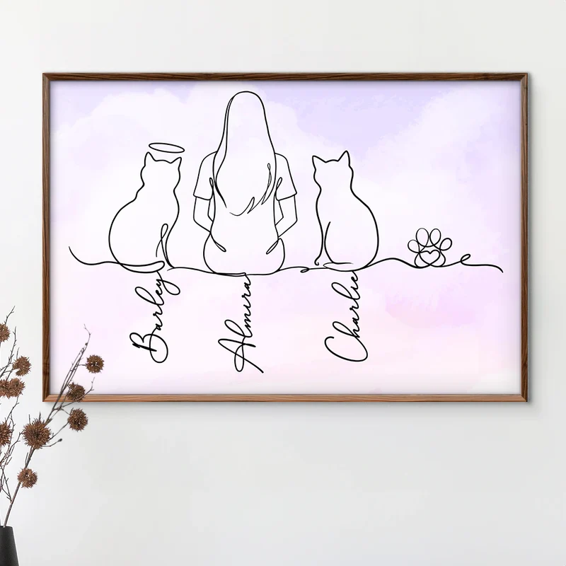 Minimalist Line Art Poster of Cats and Woman, Warm Pink Tone, Cozy Wall Art, Thoughtful Gift for Friendship and Home