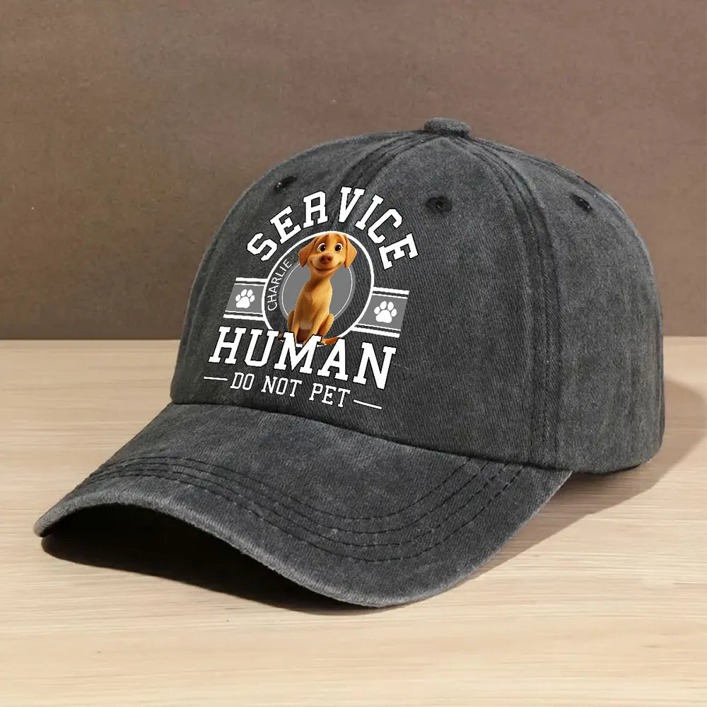 Baseball Cap with “Service Human” dog graphic – washed-look, comfy adjustable fit, everyday shade and style, a playful gift for dog owners and pet lovers